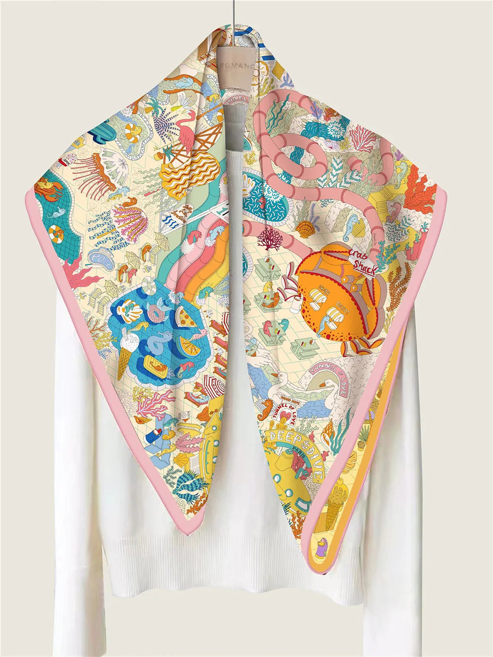 90Cm High-quality Twill Silk Double-sided Printing Submarine Playground Women's Large Square Scarf Scarf Chest Wrap Scarf