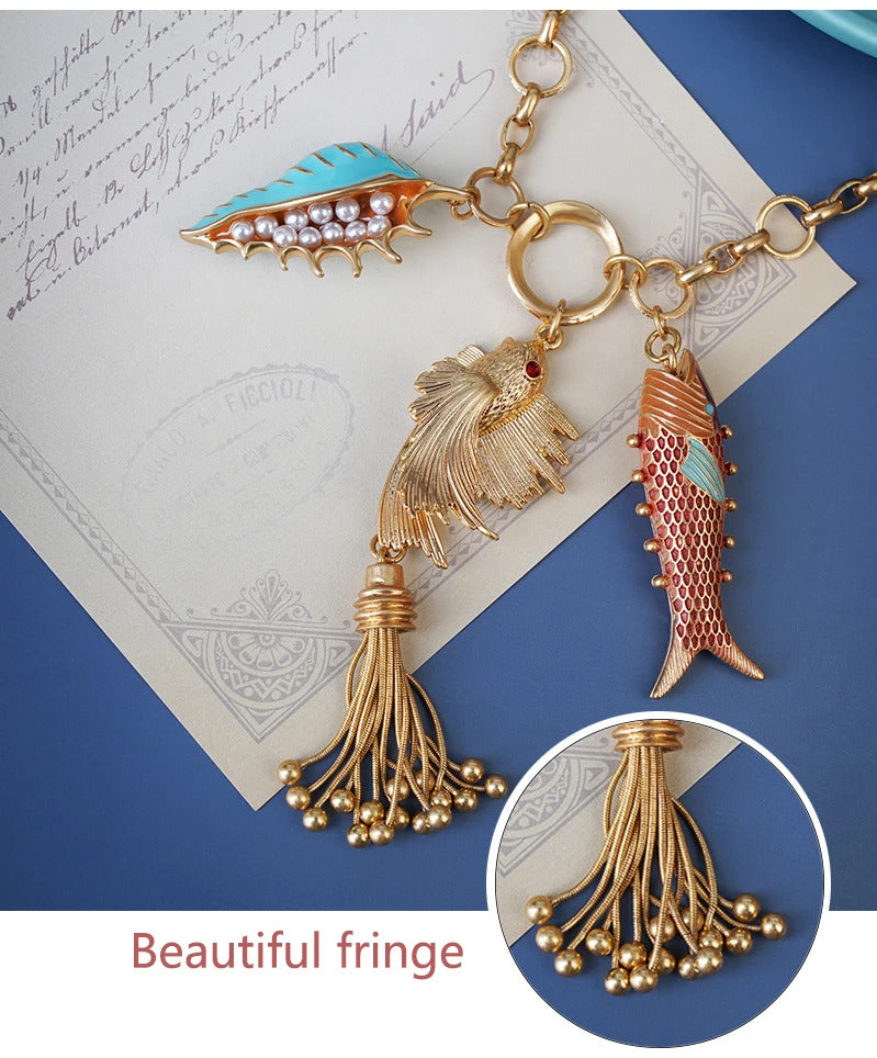 Cute Sea whale Necklace Pendant Chain Fish Fashion Jewelry Chic Mermaid Tassel Conch Dangle Choker Ocean Beauty Accessory