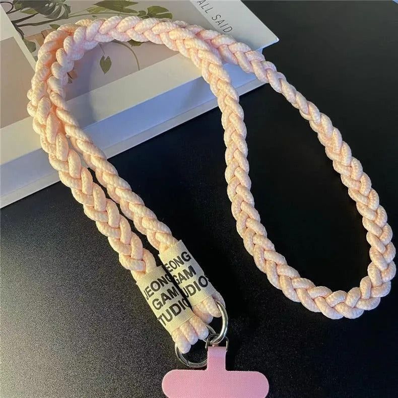 Durable Three-Strand Braided Mobile Phone Lanyard Long Crossbody Shoulder Strap with Ponytail Holder Pendant for Women
