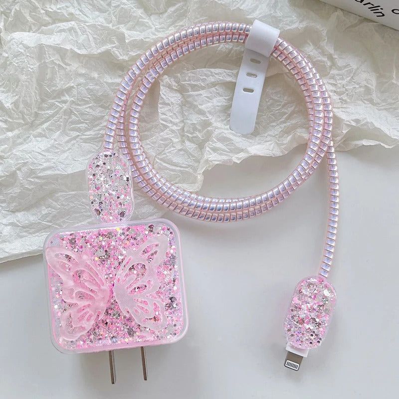 3D Pink Bow Cable Charger Protector Cover For IPhone IPad 18W 20W Original Charger 2024 New Data Line Spiral Winder Protective