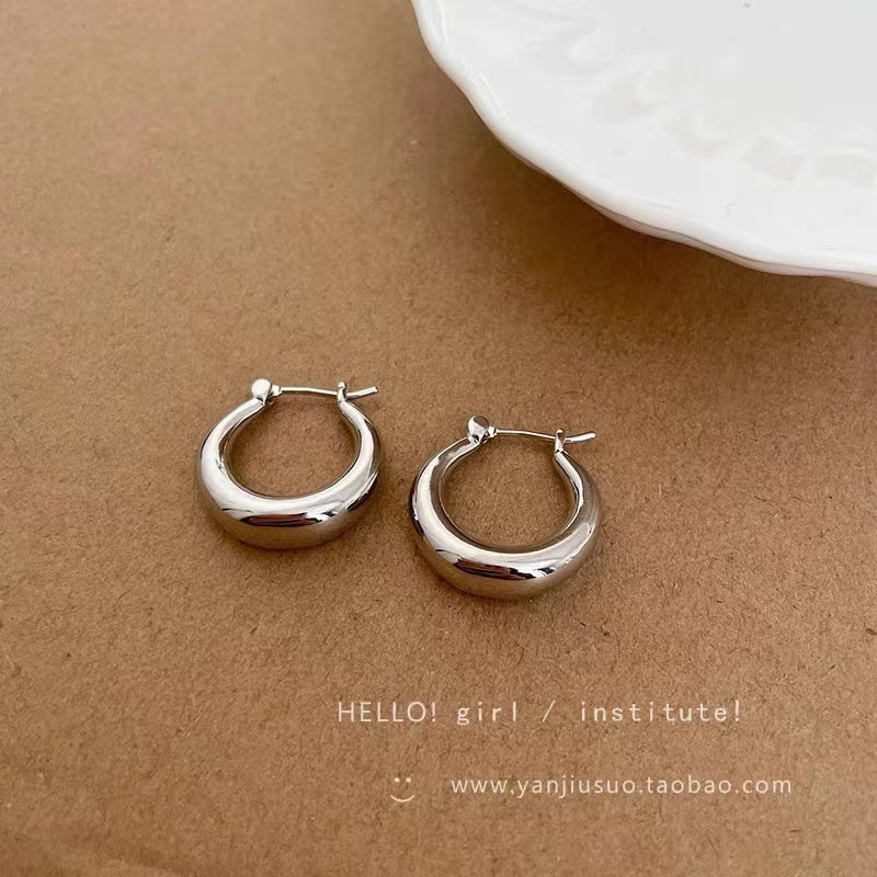 925 Silver Needle Hong Kong Style Retro Metal Earrings Women's High-Grade Geometric Simple Bracelet Ear Clip All-Match Exaggerated Commuter Earrings