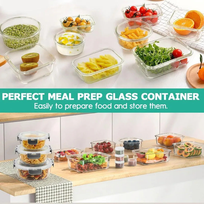 34pcs Glass Food Storage Containers with Lids Set, Airtight Glass Meal Prep Containers (17 Containers & 17 Lids), Leak Proof