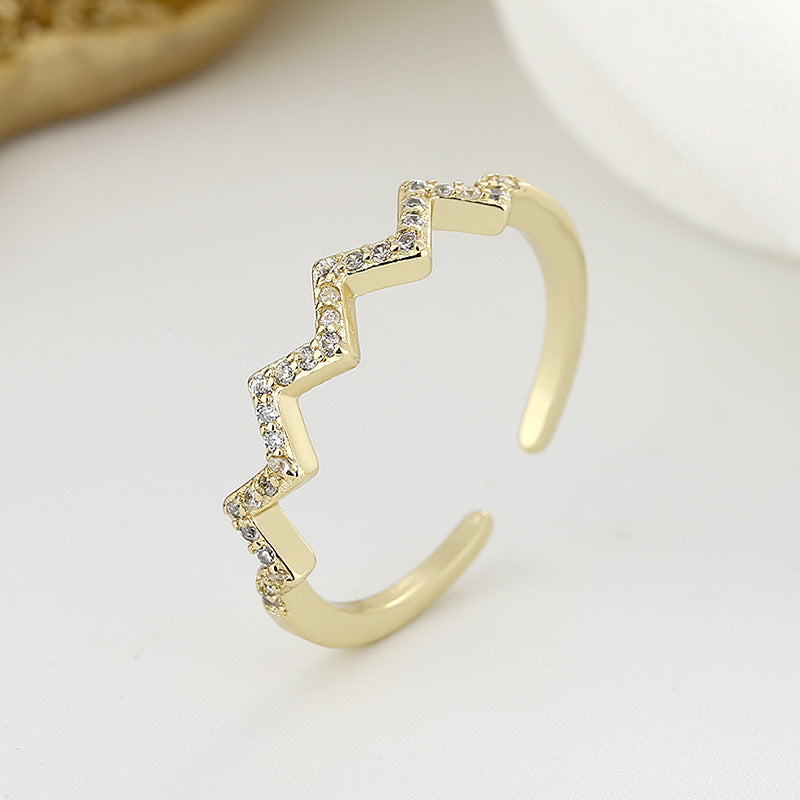 Cross-Border Hot Selling ECG Wave V-Shaped Ring for Women Fashion Simple Inlaid Diamond European and American Style Creative Small Jewelry Ring