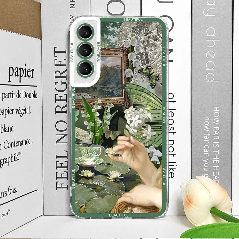 Cool Green Retro Flower Stickers Phone Case for Samsung Galaxy A55 A54 A53 A52 A51 A70 A22 A13 4G 5G Soft TPU Clear Cover Fundas