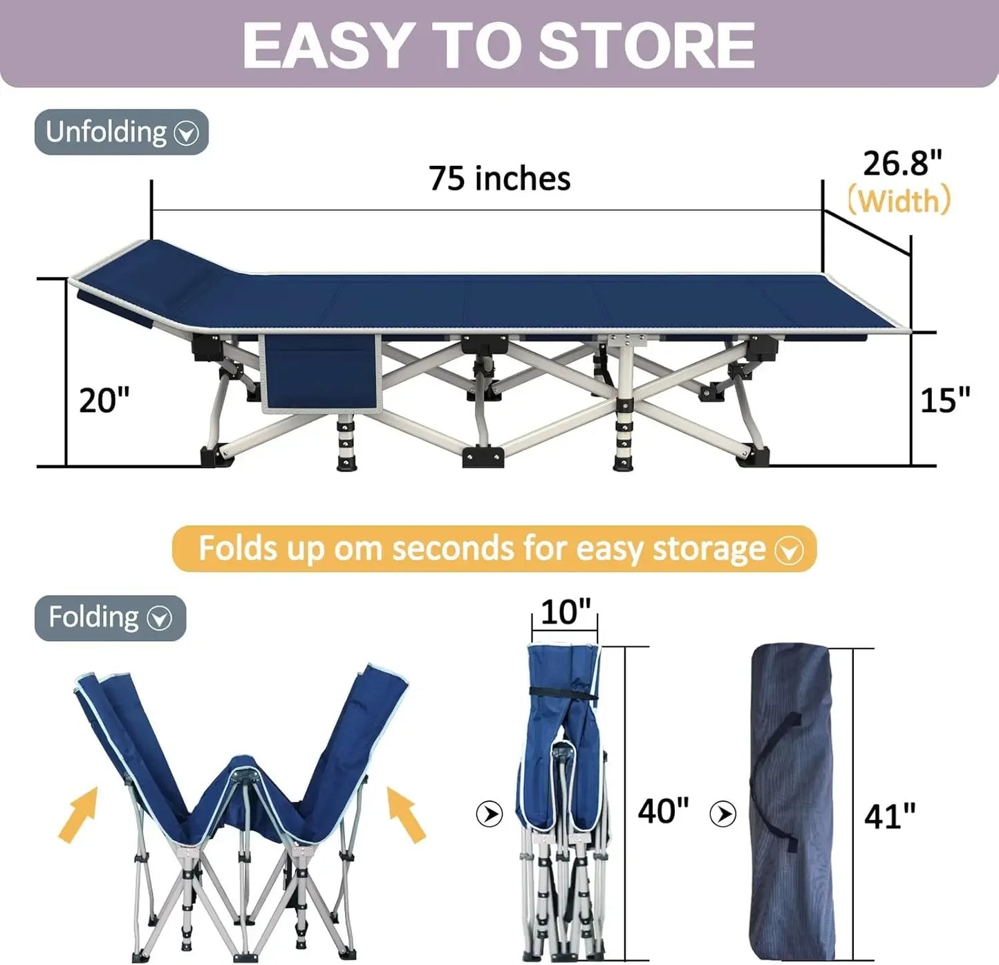 Comfortable Mattress for Adults Extra Wide Cots for Sleeping Folding Cot Camping Bed Heavy Duty with Carry Bag for Home Office