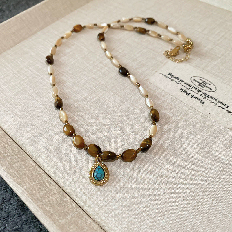 Titanium Steel Natural Stone Rice Bead Sun Necklace Retro Ethnic Style Niche Clavicle Chain Light Luxury High-end Fashion Jewelry