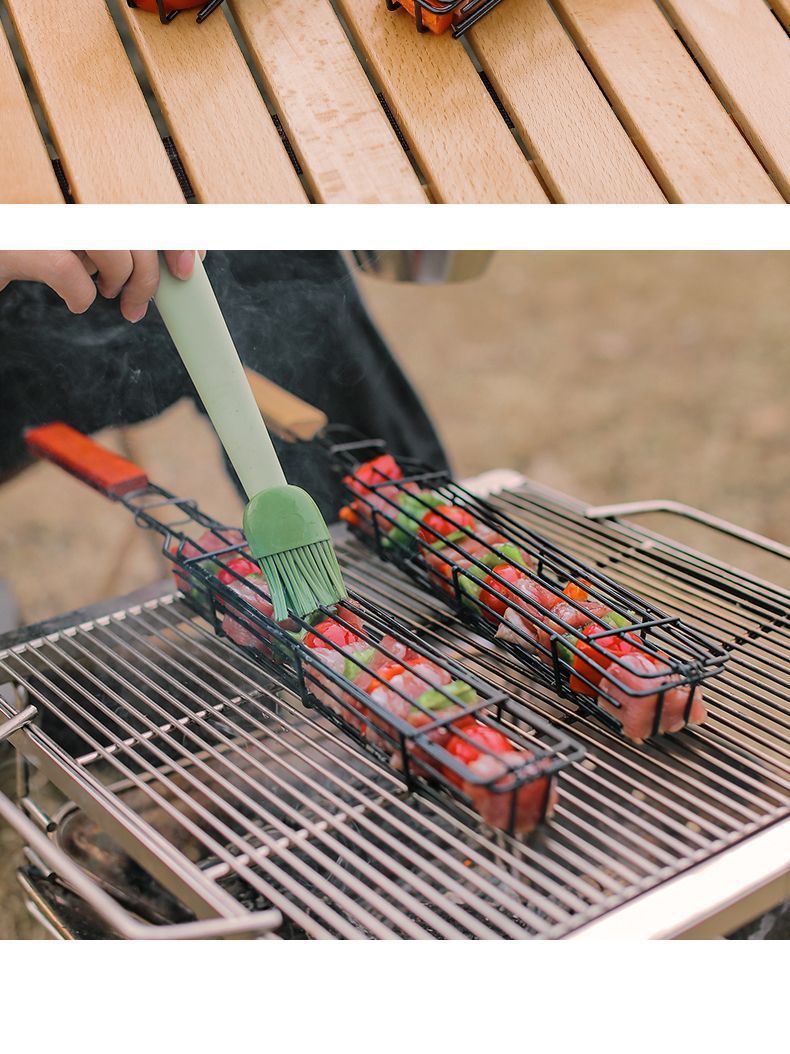 Cross-Border Wooden Handle BBQ Cage Outdoor Camping Meat Vegetable BBQ Net Rack Picnic Grilling Tool Charcoal Grilled Sausage Skewers