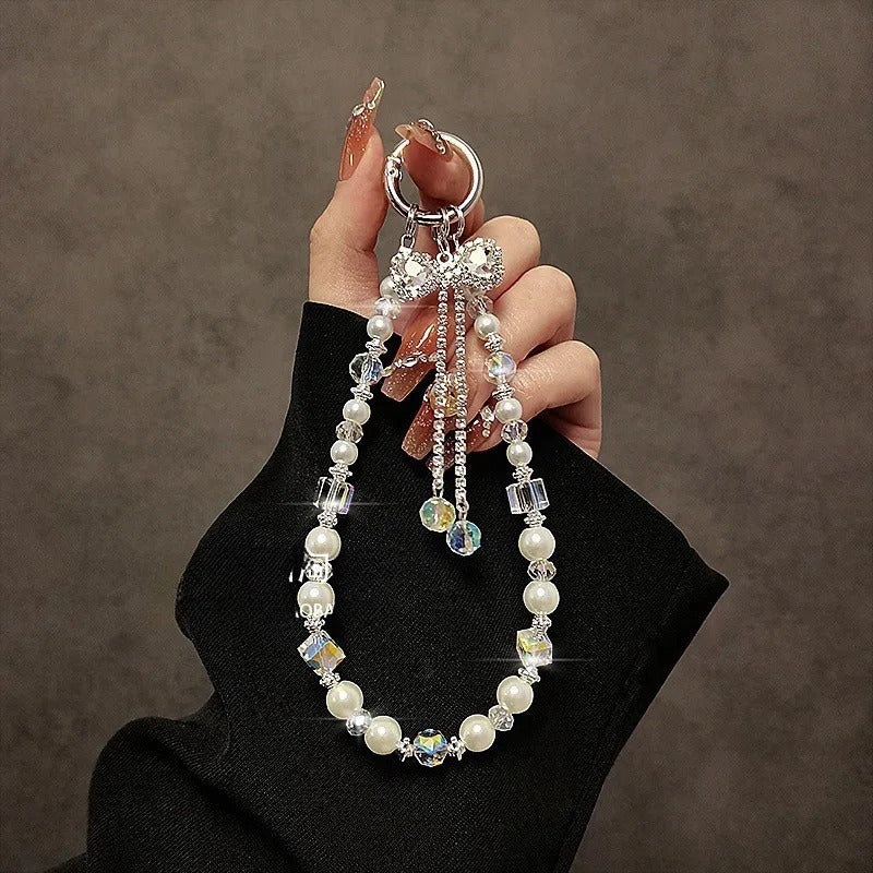Luxury High-End Flash Diamond Bow Tassel Mobile Phone Chain Crystal Beaded Mobile Phone Lanyard Short Wrist Holding Chain