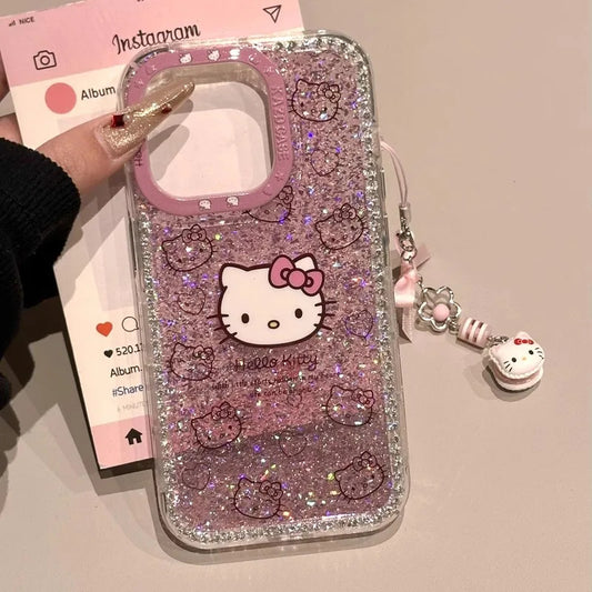 New Hello Kitty 3d Glitter Diamand Shell Case With Pendant For Iphone 16 15 14 13pro Max Plus Japan Korean Girl Soft Cover Gift