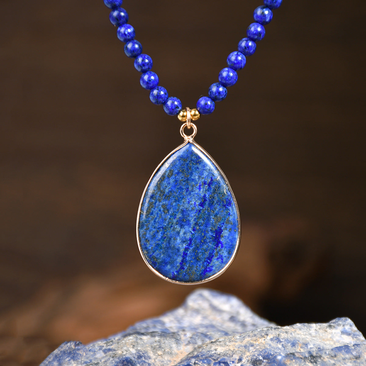 Lapis Lazuli Beaded Necklace for Women, Light Luxury High-End Water Drop Pendant Necklace Jewelry