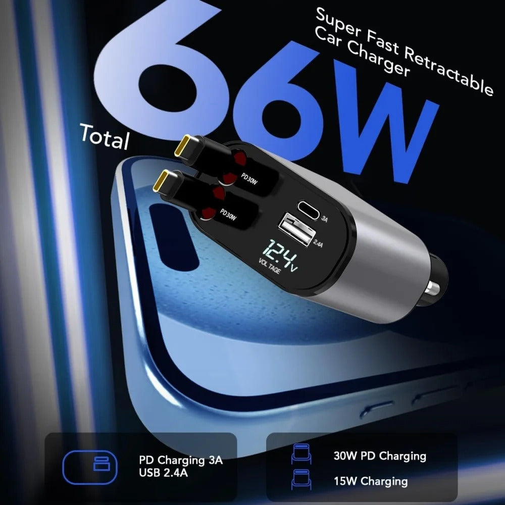 120W Car Charger 4 in 1 Retractable Fast Charging Car Phone Charger Cigarette Lighter Adapter USB C Cable for iPhone Xiaomi Poco
