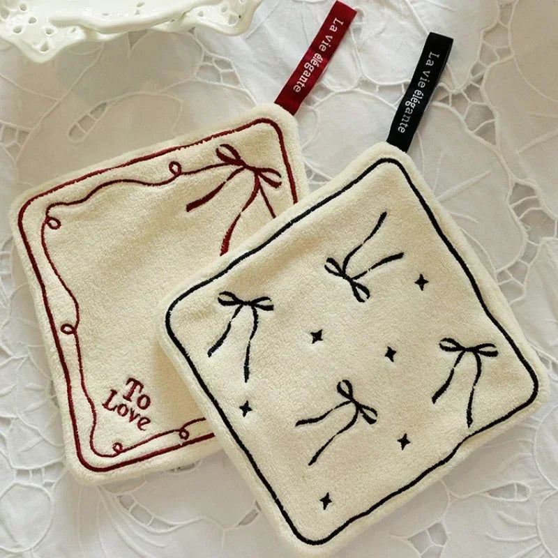 Double-layered Bow Pattern Thick Hand Towel Cleaning Cloths  Absorbent Hanging Towel Home Decoration Kitchen Accessories