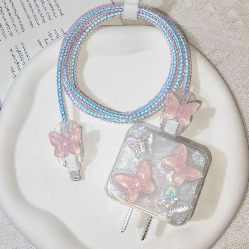 3D Pink Bow Cable Charger Protector Cover For IPhone IPad 18W 20W Original Charger 2024 New Data Line Spiral Winder Protective