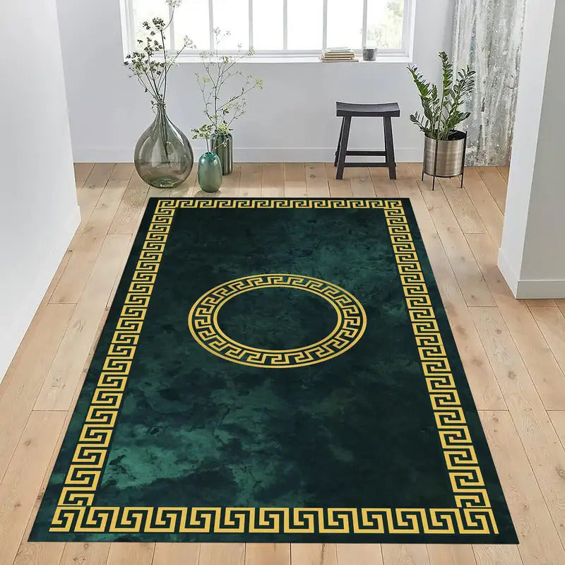 Green and Gold Ancient Greek Wave Rug Greek Mythology Modern Light Luxury Rug Printed Carpet Home Decor Living Room Rug Area Rug