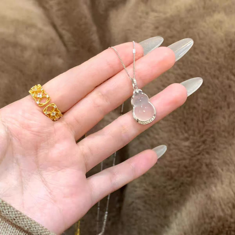New Chinese Style Golden Branch Jade Leaf Ice Transparent Imitation Agate Gourd Necklace for Women Light Luxury National Trend Pendant Exquisite High-end Clavicle Chain