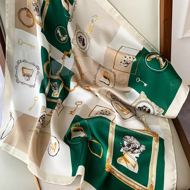 70cm Chain Print Silk Satin Hair Scarf Women Handkerchief Printed Female Square Head Bandana Small Neck Muffler Hijab Lady Girl