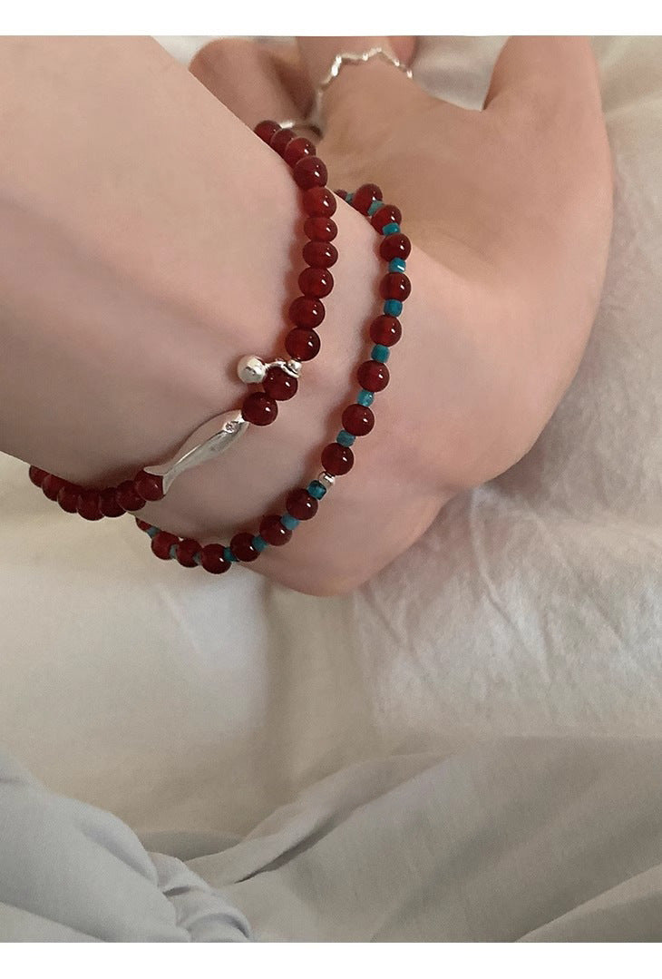 S925 Sterling Silver Fresh Style Red Agate Small Fish Bracelet for Women, Niche Design, Light Luxury, Versatile New Bracelet