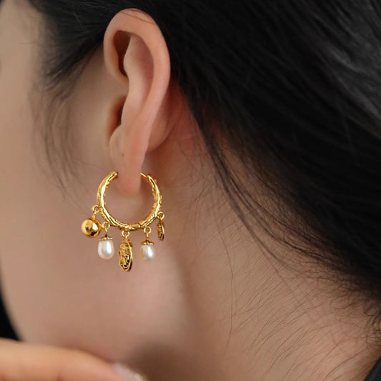 S925 Sterling Silver Pearl Tassel Earrings for Women Fashion Retro Vintage Gold Texture Palace Style Earrings