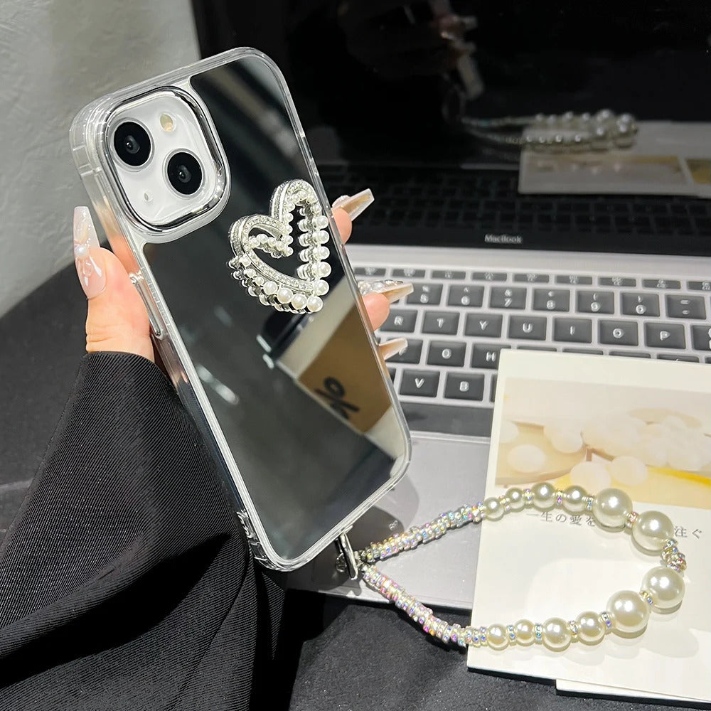 Love Heart Lanyard Mirror Phone Case For iPhone 13 11 16 15 Pro Max 12 14 Plus XR X XS Case Wrist Chain Makeup Mirror Soft Cover