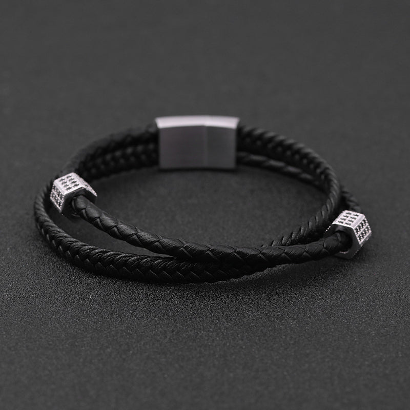 Personalized multi-layer woven leather bracelet men's hot sale stainless steel diamond bracelet gift jewelry