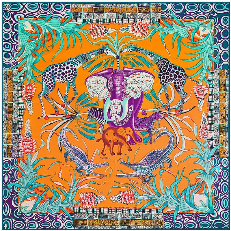 130x130CM Twill Silk Square Scarf Animals Print Women Scarves&Wrap Giraffe Neckerchief Spanish Large Bandana Neck Shawl Wraps