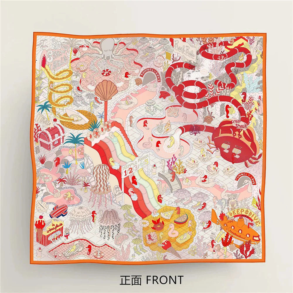 90Cm High-quality Twill Silk Double-sided Printing Submarine Playground Women's Large Square Scarf Scarf Chest Wrap Scarf