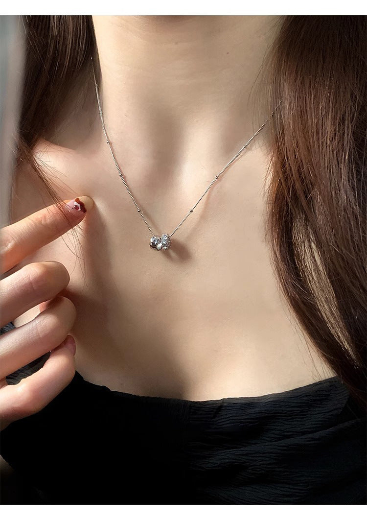 S925 Sterling Silver Double Ring Zircon Necklace Women's Light Luxury Double Ring Niche Clavicle Chain High-grade Sense Woolen Chain New Style