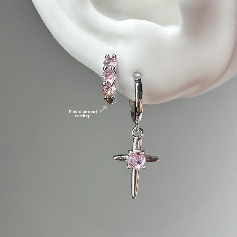 Sweet Cool Style Super Shiny Cross Earrings Cool Korean Sweet Temperament Double Ear Hole Ear Jewelry