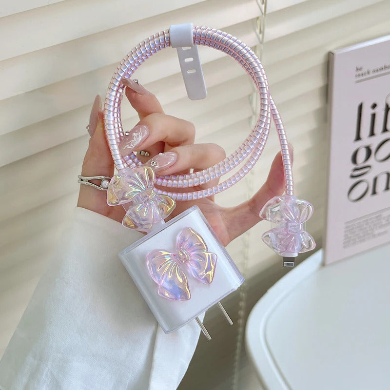 3D Pink Bow Cable Charger Protector Cover For IPhone IPad 18W 20W Original Charger 2024 New Data Line Spiral Winder Protective
