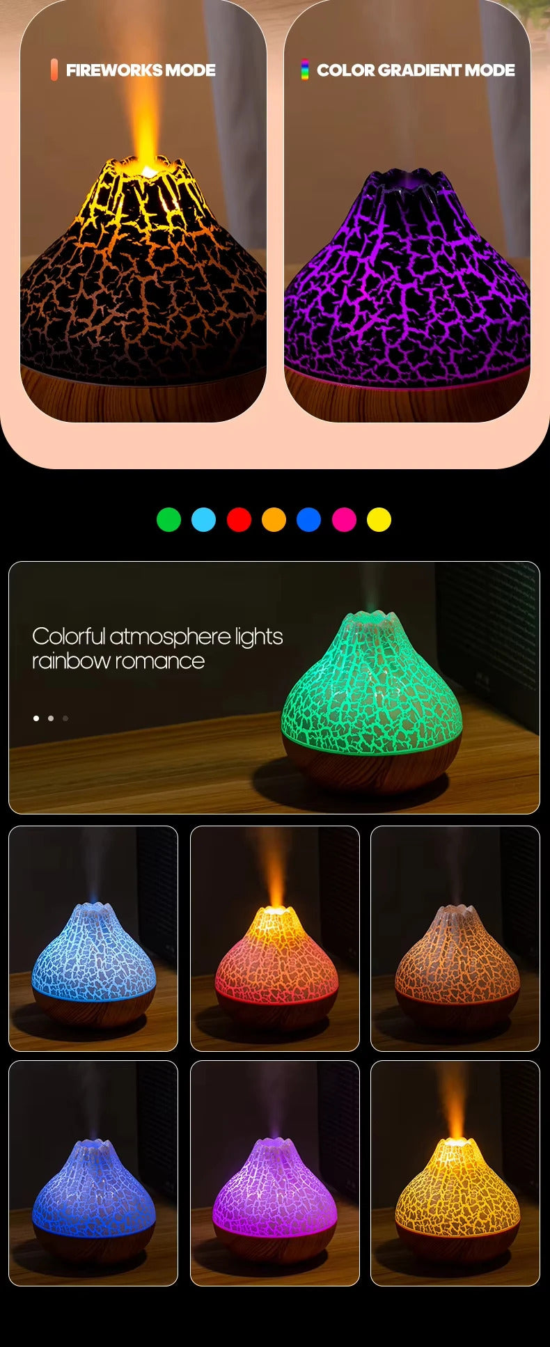 Air Humidifier Volcano Aroma Diffuser USB Water Mist Diffuser Purifier Air Freshener Nebulizer with Colorful Night Light