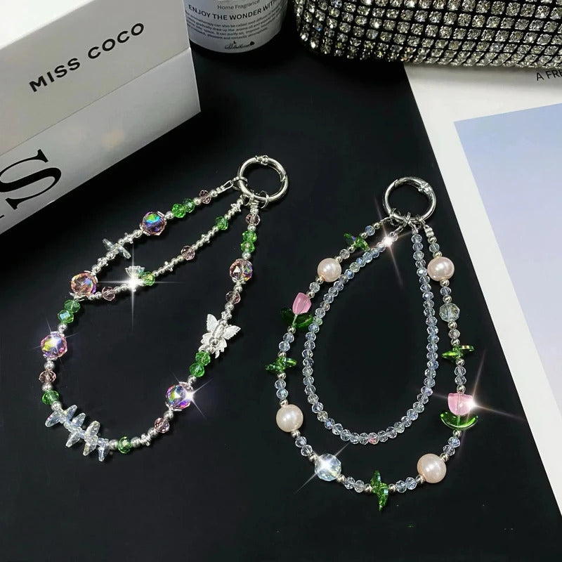 For 16 Mobile Phone Chain Dazzle Tulip Butterfly Double Chain Crystal 15 Mobile Phone Case Chain Lanyard Gradient Niche Fashion