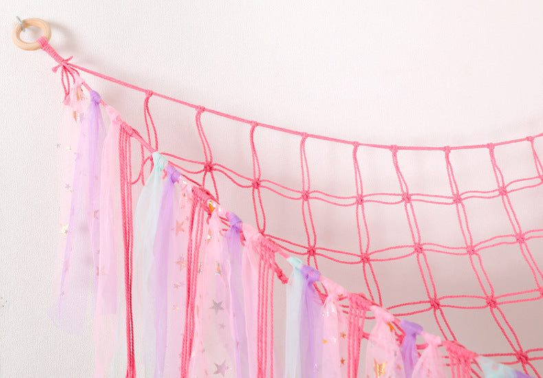 Cross-Border Ribbon Cotton String Doll Net Bag Hand-Woven Ribbon Triangle Net Bag Storage Net Bag Cotton String Wall Hanging Hammock
