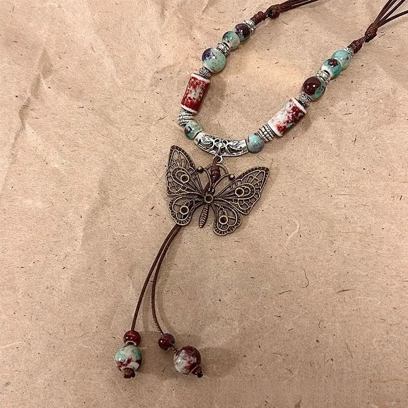 Ceramic Necklace New Chinese Ethnic Style Retro Ceramic Butterfly Beaded Clavicle Chain