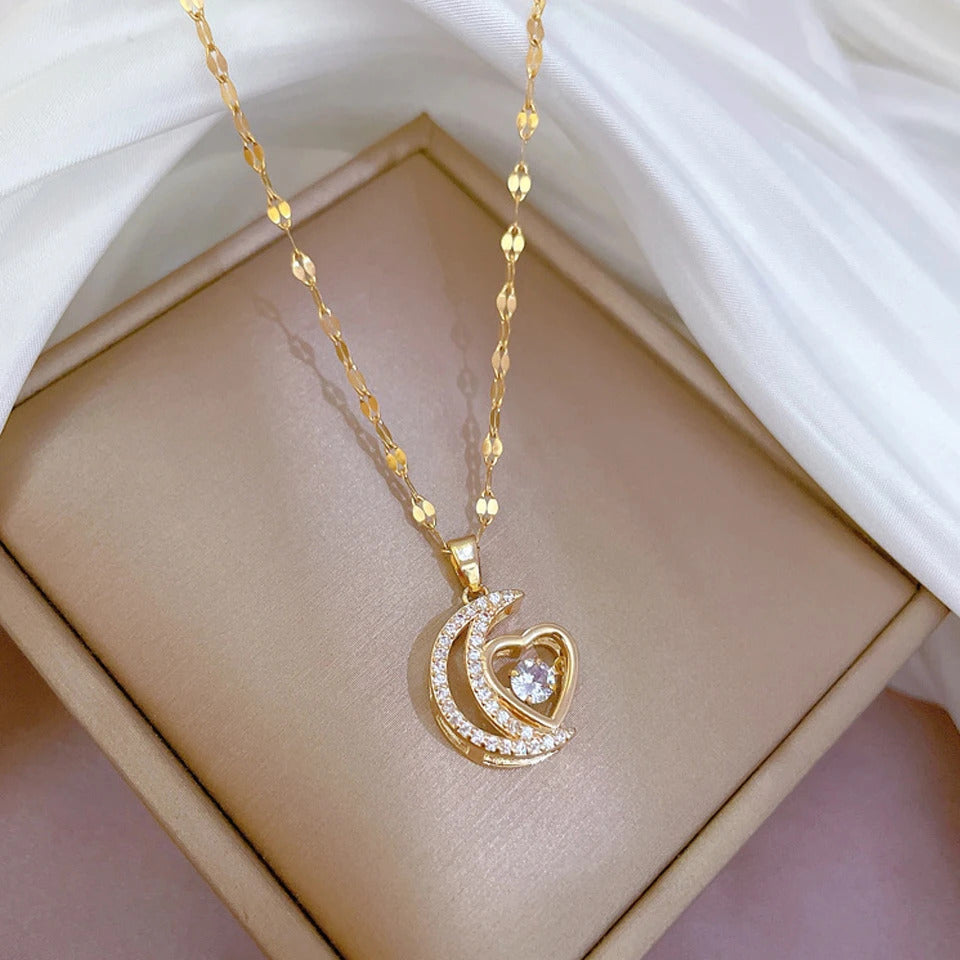 ZAKOL Classic Gold Color Stainless Steel Necklace For Women Shiny Zircon Geometric Heart Pendant Necklaces Jewelry Gift