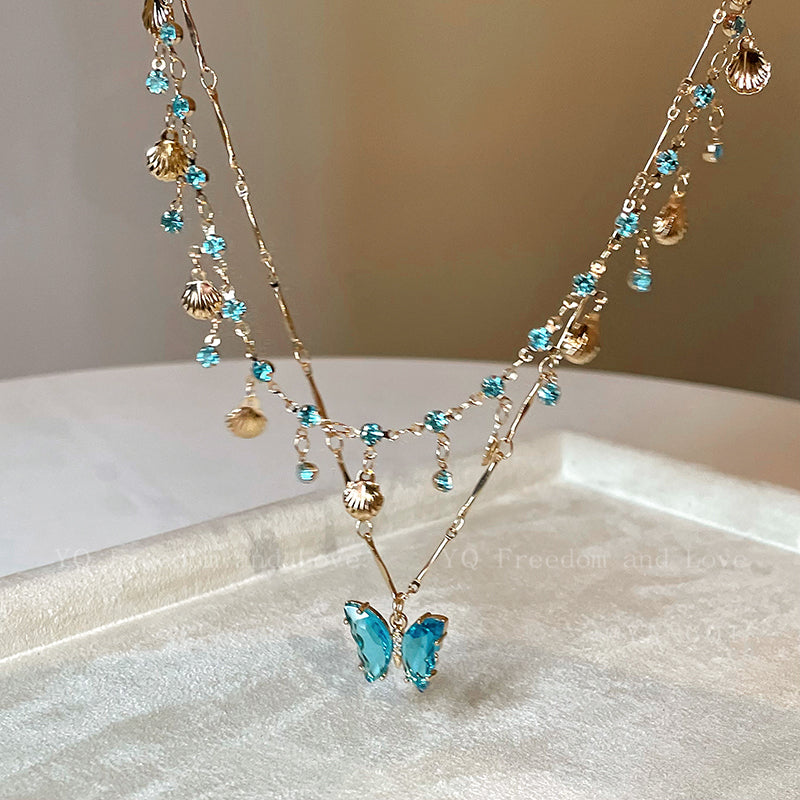 Blue Butterfly Double Tassel Necklace Summer Cool Necklace Accessories Female Niche Clavicle Chain