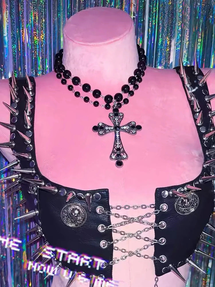Y2K Jewelry Black Beads Crystal Cross Pendant Necklace Women Goth Accessories Charm Necklace Korean Fashion Choker Punk Grunge