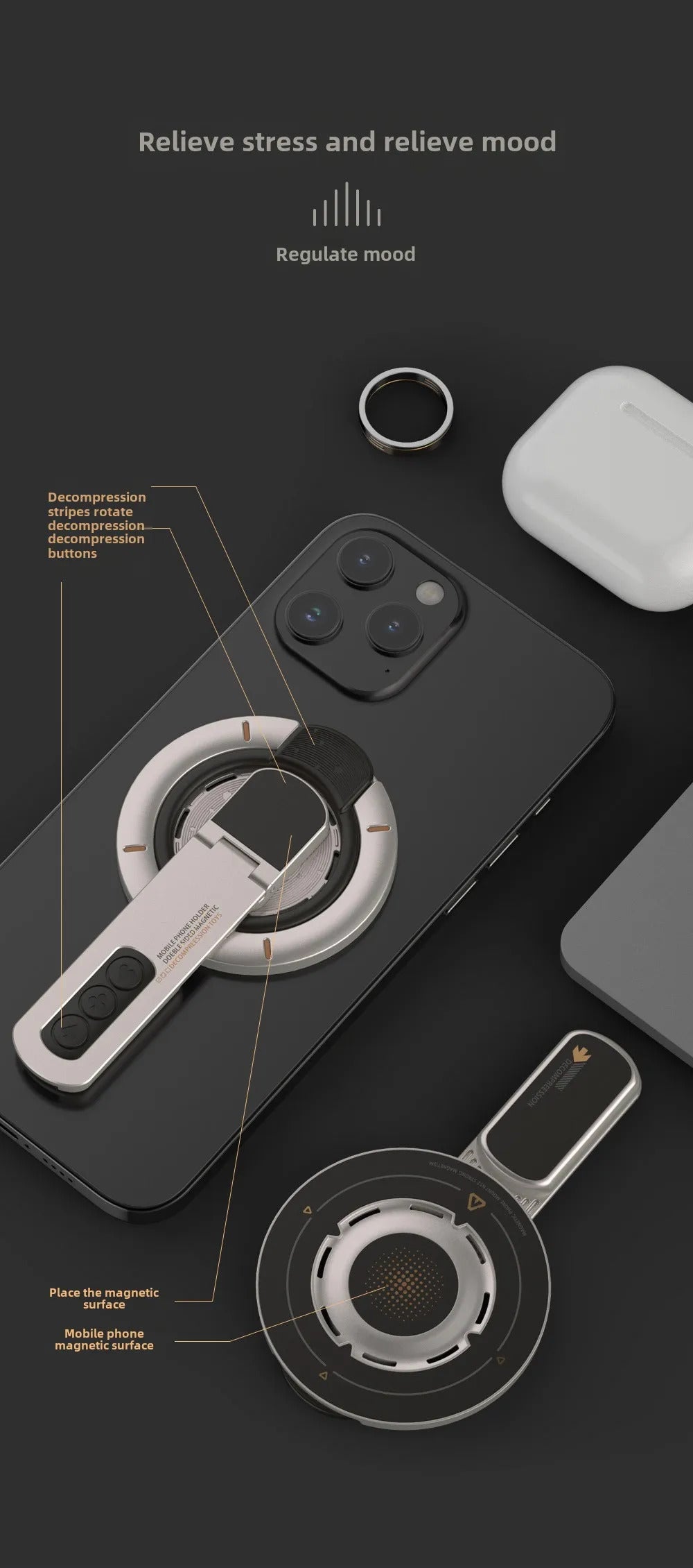 Double-sided Magnetic Luminous Mobile Phone Holder 360° Rotation Decompression Design Zinc Alloy Ultra-thin Portable