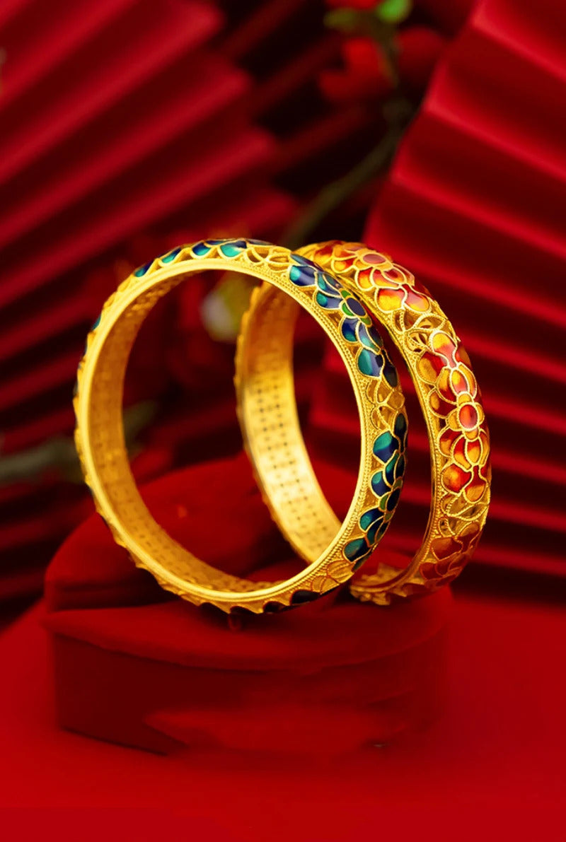 Chinese style wedding jewelry exquisite antique gold craftsred Lotus Flower bangles enamel retro charms bracelet for women