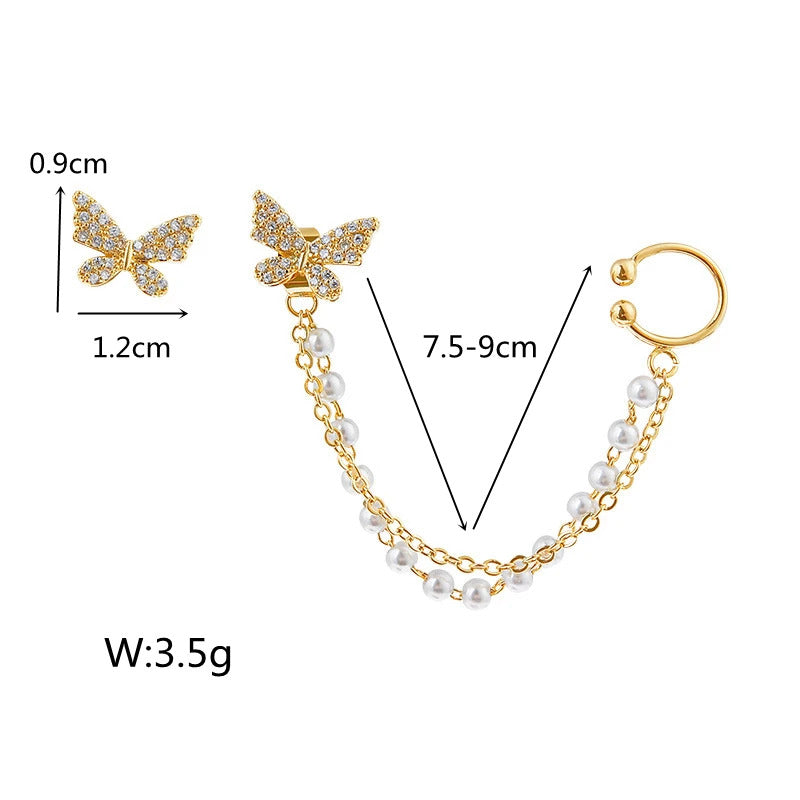 Rhinestone Butterfly Stud Earrings For Women Girls Korean Cute Fashion Metal Cuff Chain Tassel Boucle D'oreille Jewelry