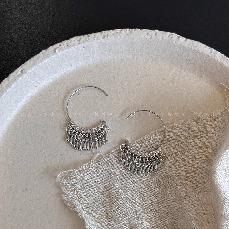 925 Silver Needle Hong Kong Style Retro Metal Earrings Women's High-Grade Geometric Simple Bracelet Ear Clip All-Match Exaggerated Commuter Earrings