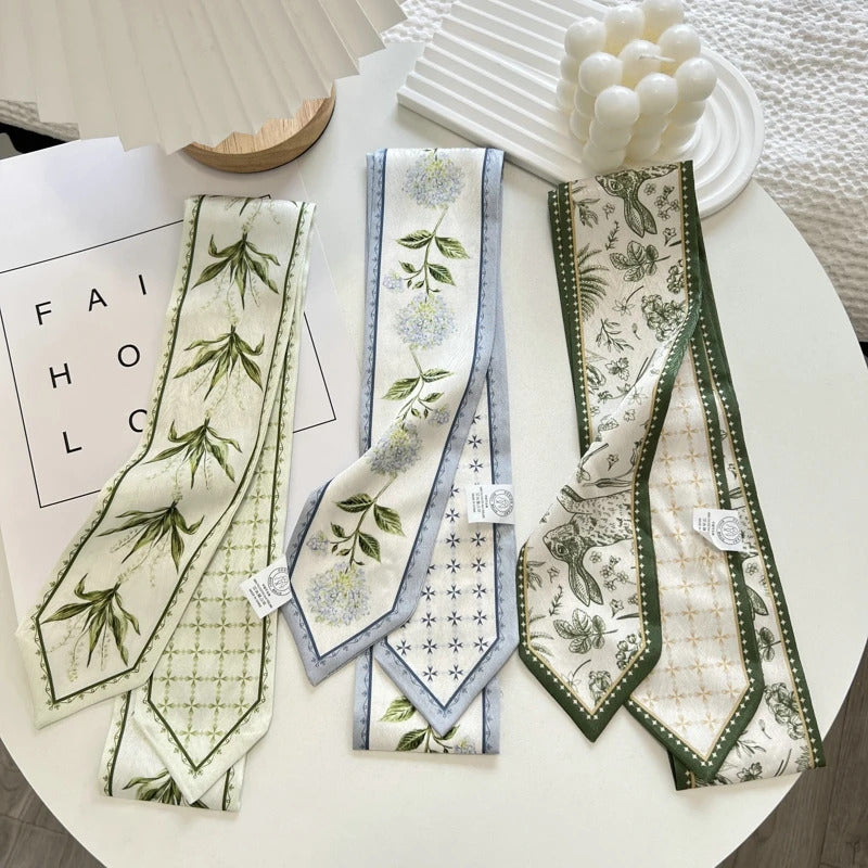 High-Grade Flower Print Long Silk Scarf Hair Band Ribbon Tied-up Hair Long Bow Vintage Satin Ribbon Hair Accessories For Women