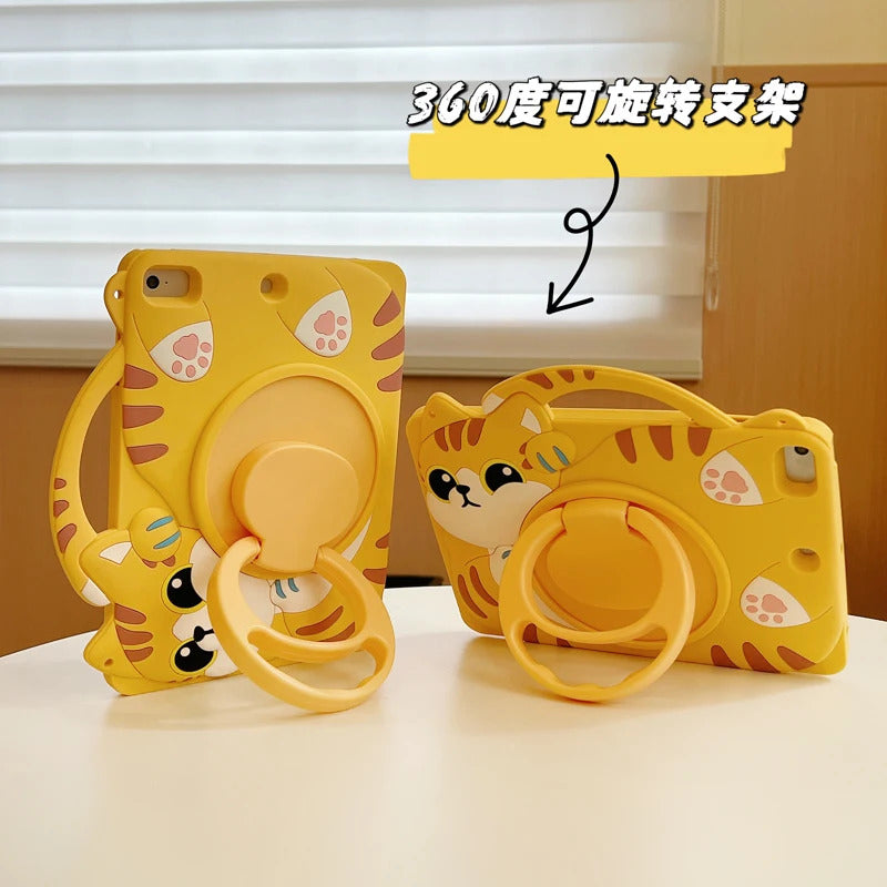 Cartoon Lucky Cat Silicone Case For Samsung Galaxy Tab A9 A7 Lite 8.7 S6 Lite 10.4 A8 X200 X205 Slot 360° Rotating Stand Cover