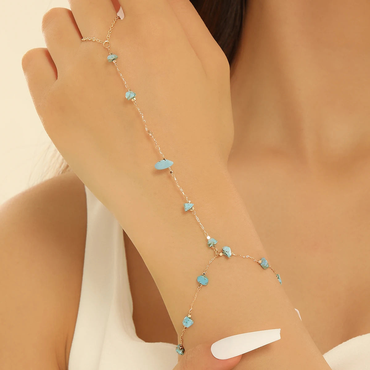 Exquisite Vintage Emerald Blue Crystal Boho Wrist Bracelet for Women Finger Ring Chain Charms Lady Trendy Aesthetic Jewelry Set