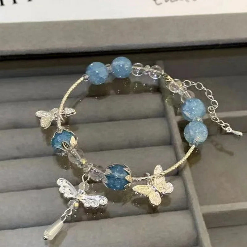 Light Luxury Purple Glass Crystal Beaded Bracelets for Women Chic Butterfly Tassel Pendant Bracelets Sweet Girl Wrist Jewelry