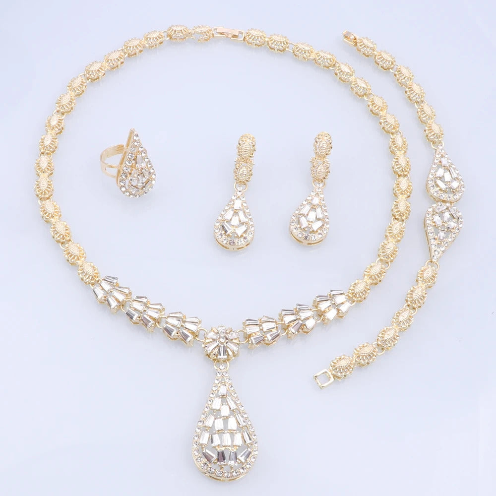 Dubai Gold Color Jewelry Sets Water Drop Pendant Necklace Earrings Ring Bracelet Classic Design 4Pcs Set Party Jewelry