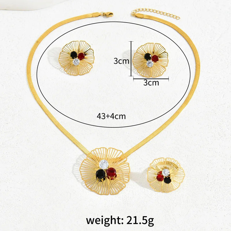 3Pcs Stainless Steel Colorful Zircon Hollow Flower Pattern Necklace Earrings Ring for Women Luxury Design Jewelry Set Party Gift