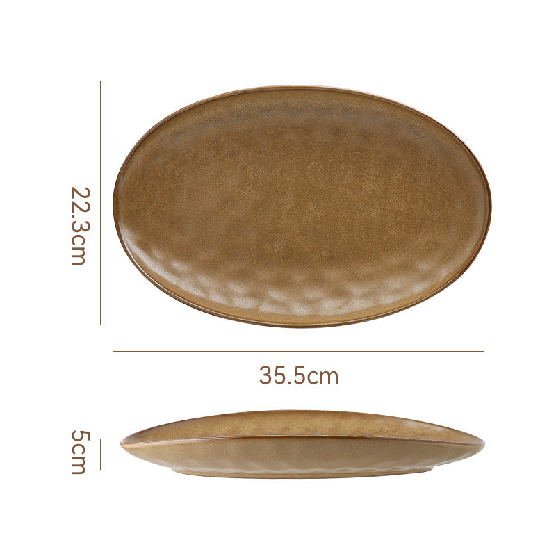 Vintage Coarse Pottery Oval Ceramic Long Plate Restaurant Home Large Capacity Personalized Fish Plate Sushi Pastry Dessert Display Plate