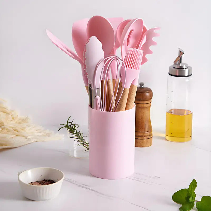 12pc Chef Silicone Tools - Wooden Handle Utensils for Pots/Pans ✔Dishwasher Safe & BPA-Free (Includes Storage Caddy)