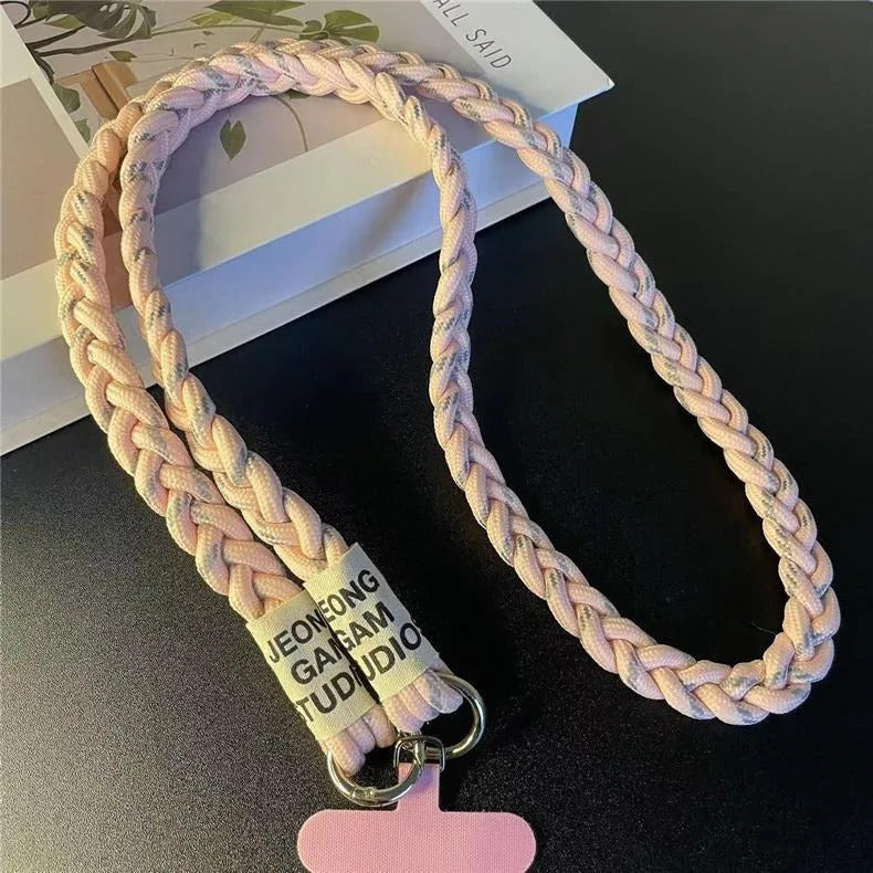 Durable Three-Strand Braided Mobile Phone Lanyard Long Crossbody Shoulder Strap with Ponytail Holder Pendant for Women