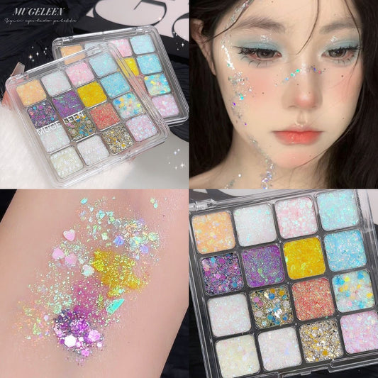 MUGE LEEN Sixteen Colors Mermaid Glitter Eyeshadow Palette Shimmering Sparkling Makeup Performance Mermaid Glitter